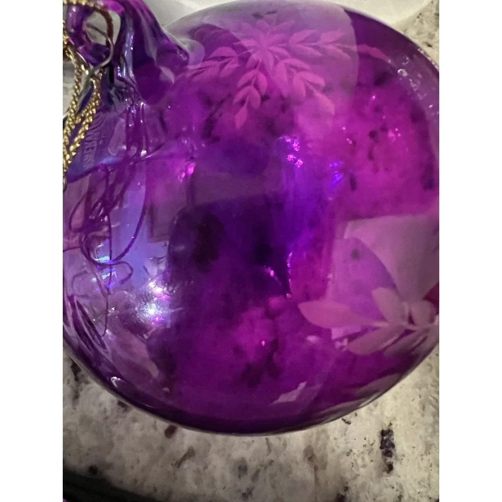 Hand Blown Purple Etched‎ Art Glass Ornament Snowflake Teardrop Christmas Decor